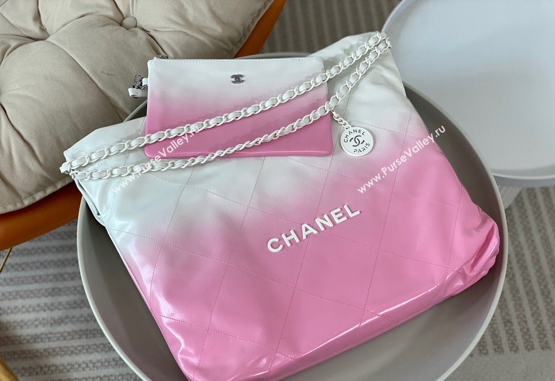 Chanel 22 Patent Gradient Calfskin  Lacquered Metal Shopping Bag AS3261 Pink/White 2024 0626 (SM-240626049)