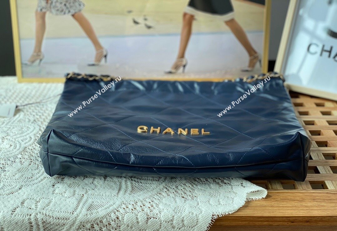 Chanel 22 Shiny Calfskin Leather Shopping Bag AS3261 Blue 2024 0626 (SM-240626069)