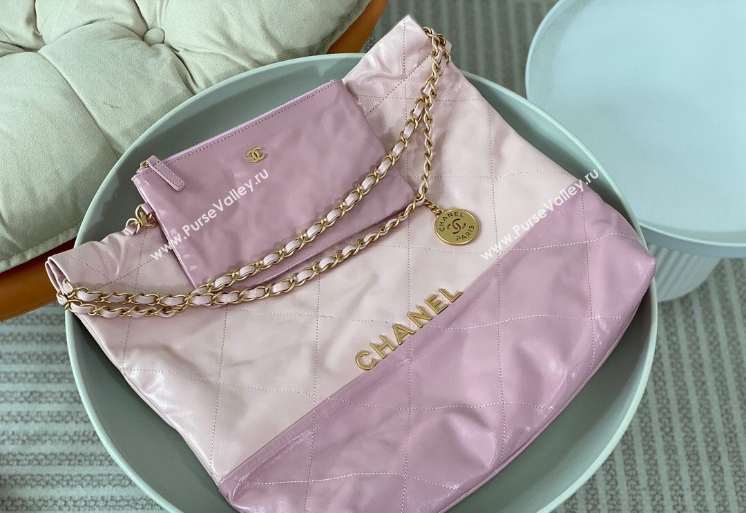 Chanel 22 Shiny Calfskin Patchwork Shopping Bag AS3261 Light Pink/Purple 2024 0626 (SM-240626066)