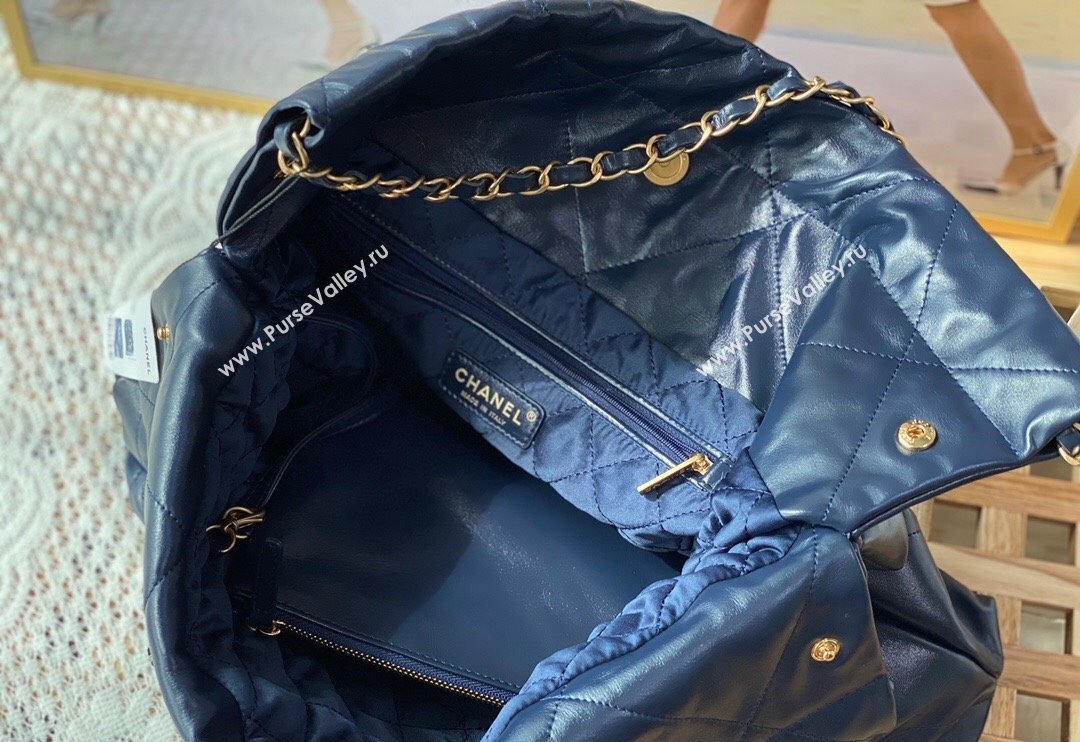 Chanel 22 Shiny Calfskin Leather Shopping Bag AS3261 Blue 2024 0626 (SM-240626069)