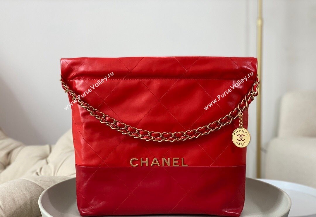 Chanel 22 Shiny Calfskin Patchwork Small Shopping Bag AS3260 Red 2024 0626 (SM-240626063)