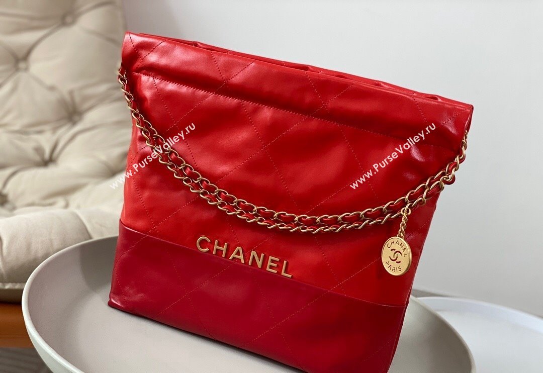 Chanel 22 Shiny Calfskin Patchwork Small Shopping Bag AS3260 Red 2024 0626 (SM-240626063)