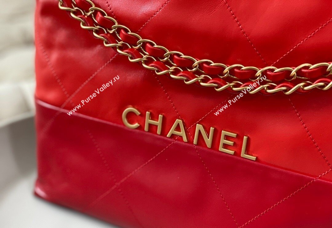 Chanel 22 Shiny Calfskin Patchwork Small Shopping Bag AS3260 Red 2024 0626 (SM-240626063)