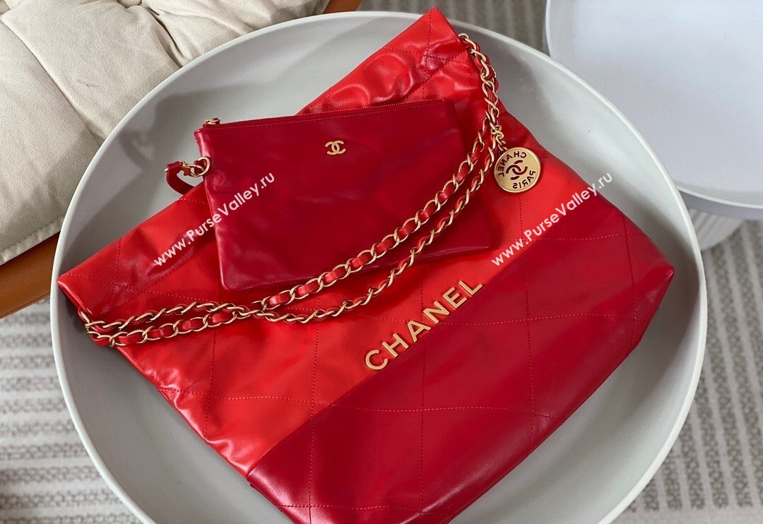 Chanel 22 Shiny Calfskin Patchwork Small Shopping Bag AS3260 Red 2024 0626 (SM-240626063)