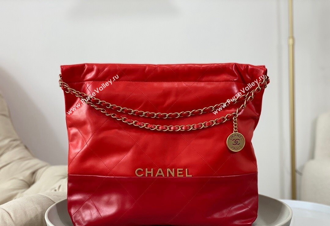 Chanel 22 Shiny Calfskin Patchwork Shopping Bag AS3261 Red 2024 0626 (SM-240626067)