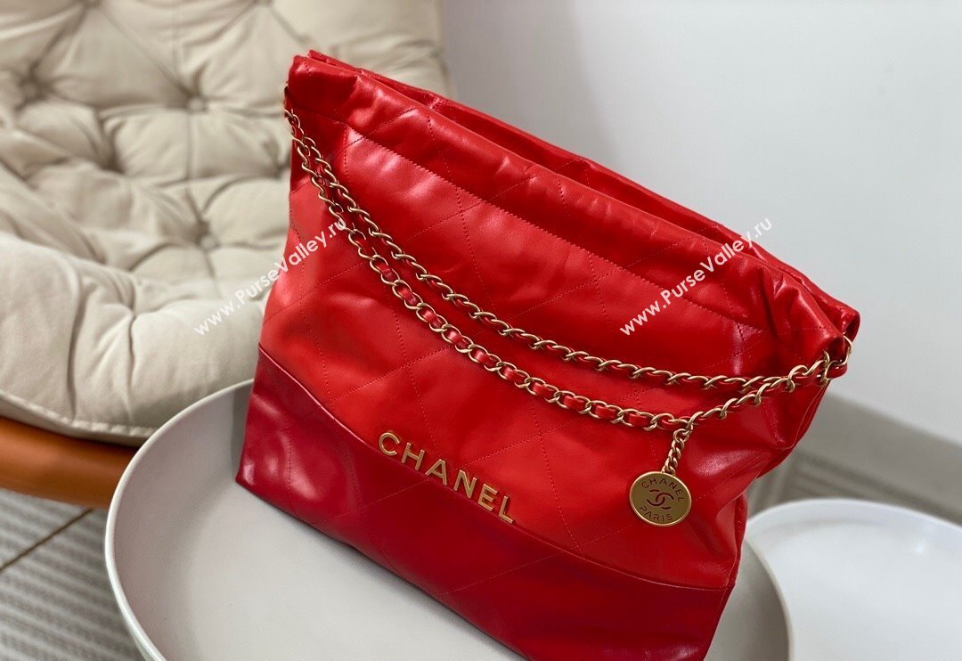 Chanel 22 Shiny Calfskin Patchwork Shopping Bag AS3261 Red 2024 0626 (SM-240626067)