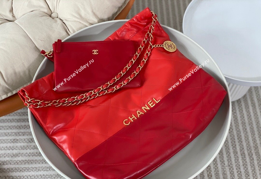 Chanel 22 Shiny Calfskin Patchwork Shopping Bag AS3261 Red 2024 0626 (SM-240626067)