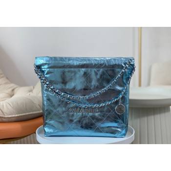 Chanel 22 Metallic Shiny Calfskin Small Shopping Bag AS3260 Light Blue 2024 (SM-240626092)