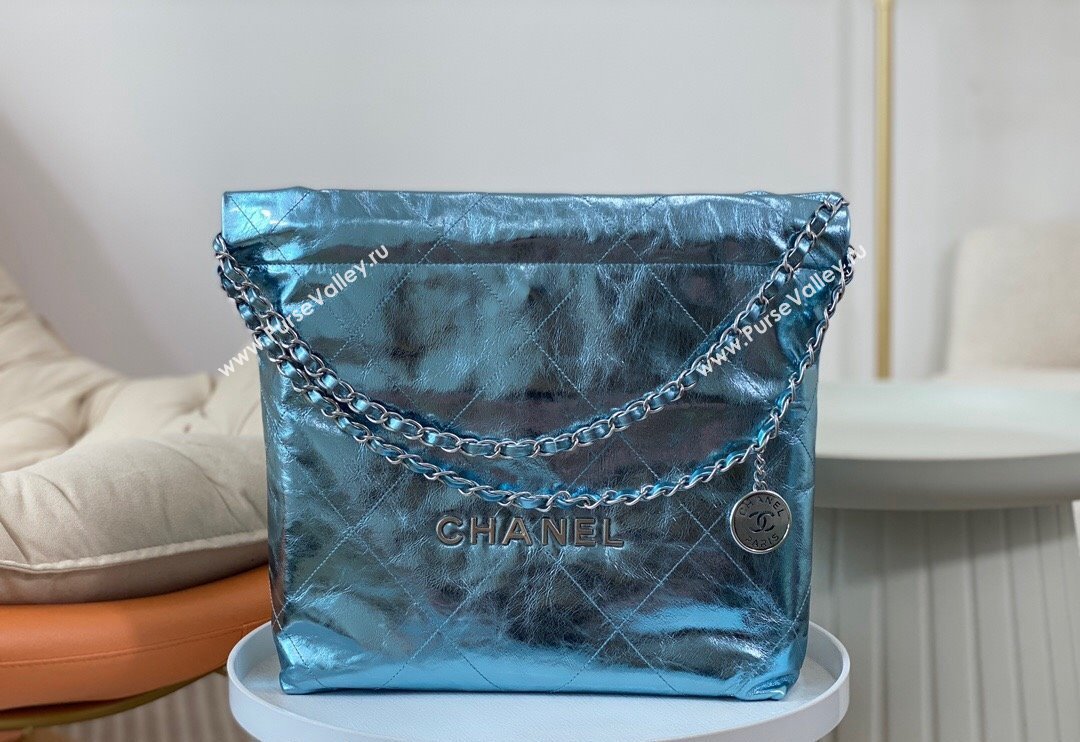 Chanel 22 Metallic Shiny Calfskin Small Shopping Bag AS3260 Light Blue 2024 (SM-240626092)