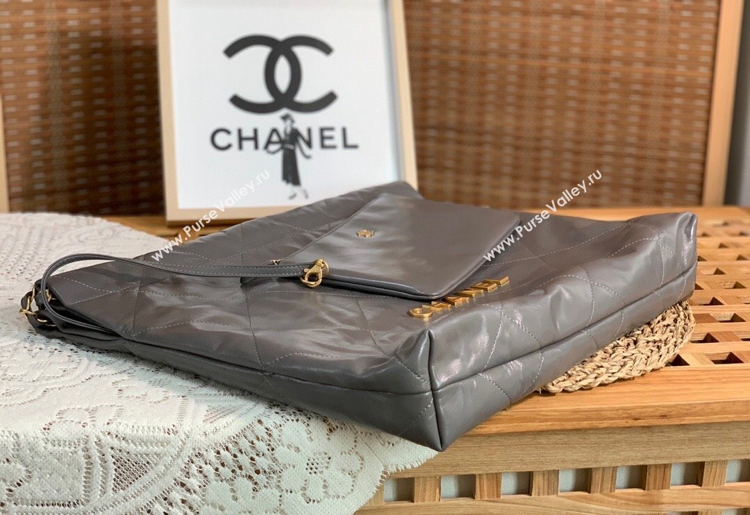 Chanel 22 Shiny Calfskin Leather Shopping Bag AS3261 Grey 2024 0626 (SM-240626070)