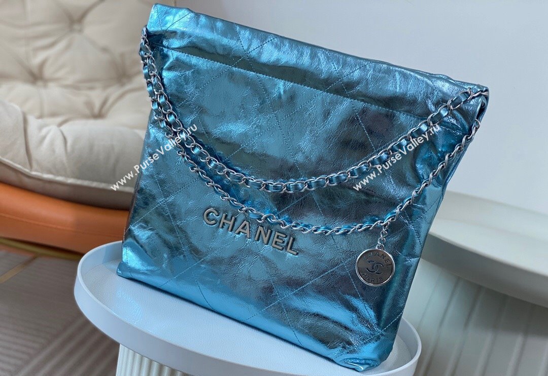 Chanel 22 Metallic Shiny Calfskin Small Shopping Bag AS3260 Light Blue 2024 (SM-240626092)