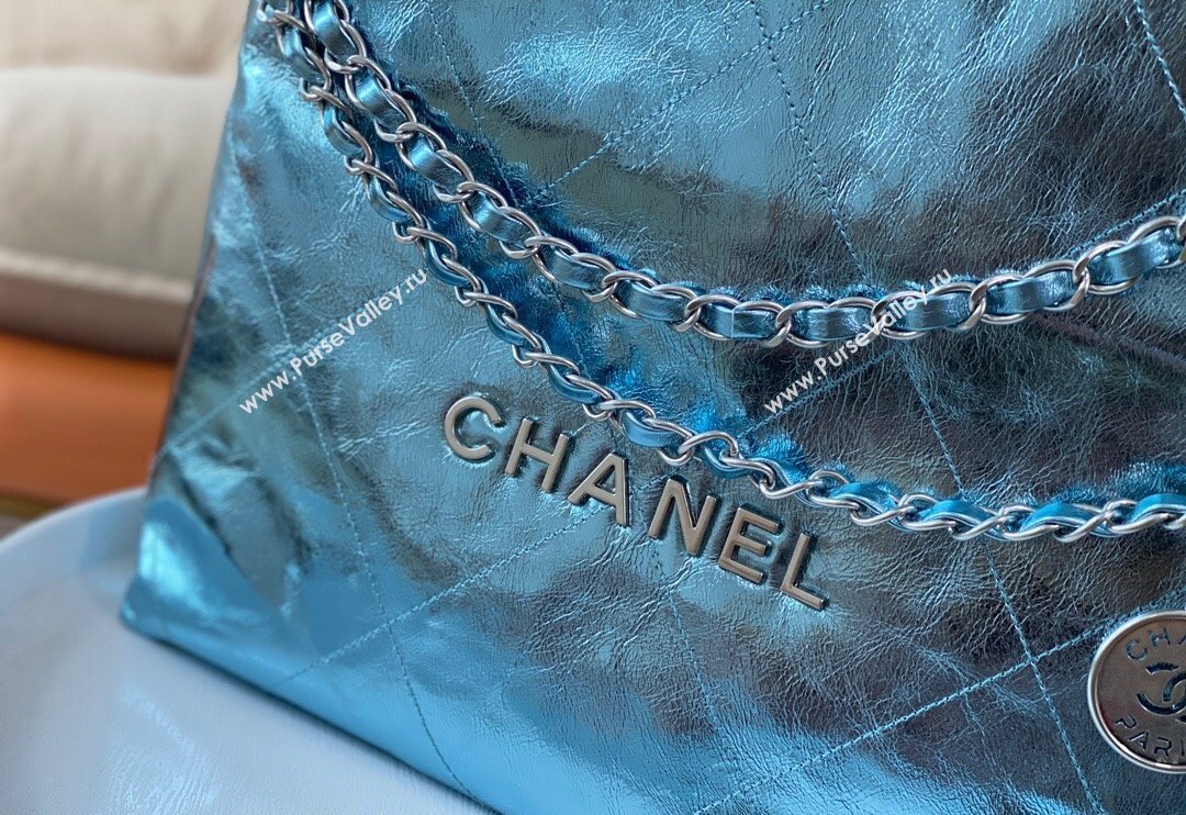 Chanel 22 Metallic Shiny Calfskin Small Shopping Bag AS3260 Light Blue 2024 (SM-240626092)