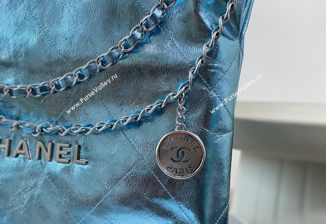 Chanel 22 Metallic Shiny Calfskin Small Shopping Bag AS3260 Light Blue 2024 (SM-240626092)