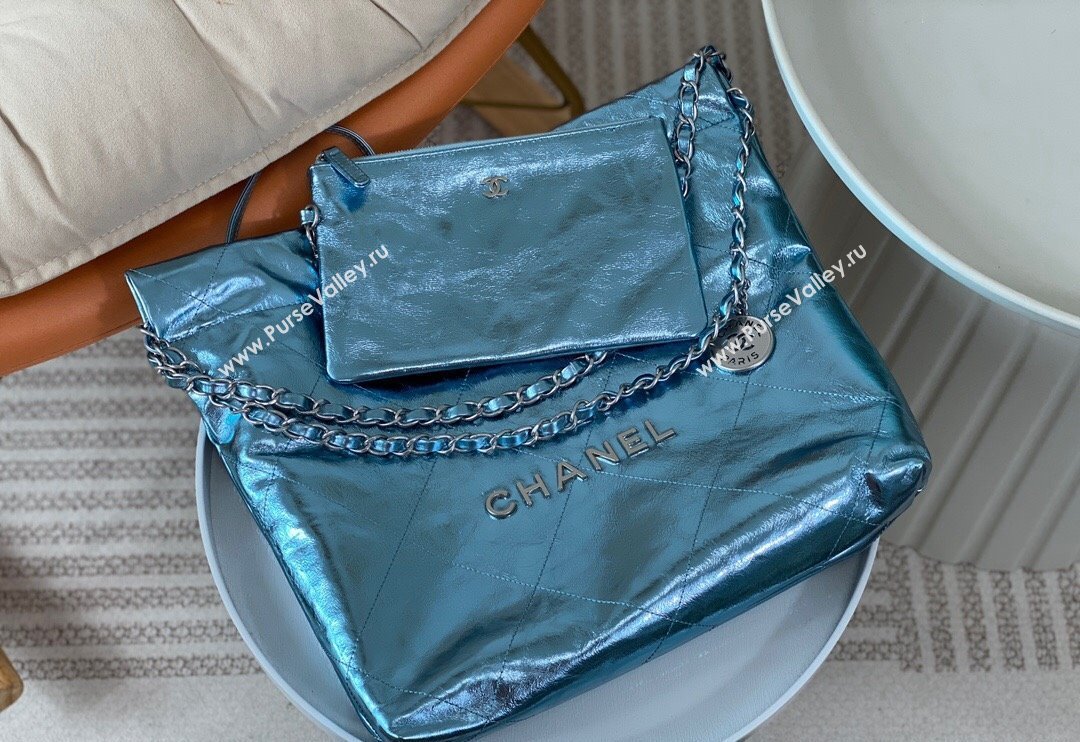 Chanel 22 Metallic Shiny Calfskin Small Shopping Bag AS3260 Light Blue 2024 (SM-240626092)