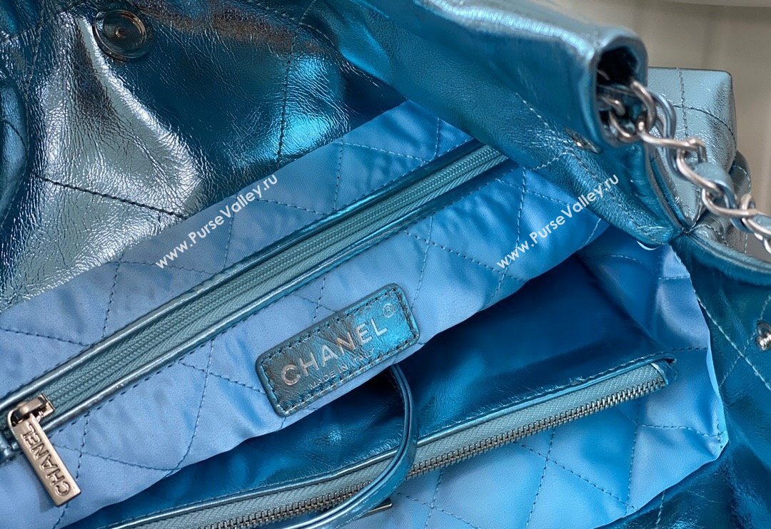 Chanel 22 Metallic Shiny Calfskin Small Shopping Bag AS3260 Light Blue 2024 (SM-240626092)