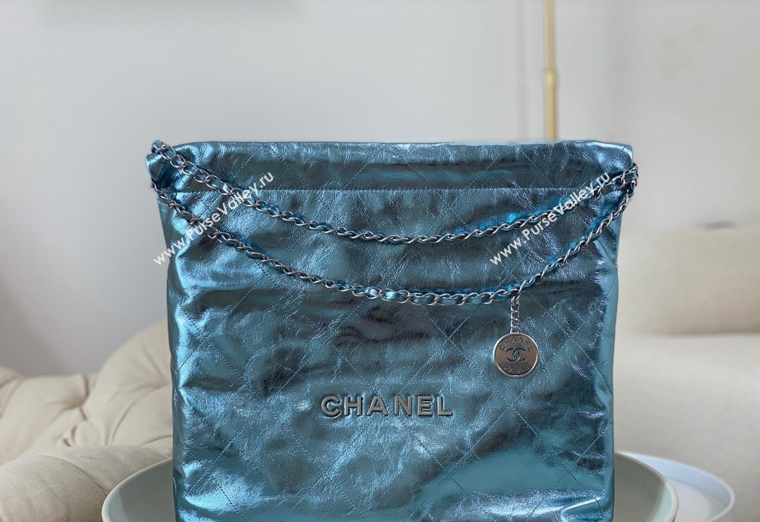 Chanel 22 Metallic Shiny Calfskin Shopping Bag AS3261 Light Blue 2024 (SM-240626093)