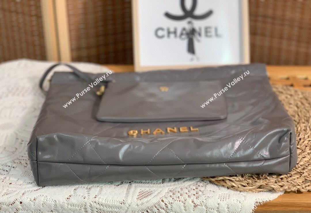 Chanel 22 Shiny Calfskin Leather Shopping Bag AS3261 Grey 2024 0626 (SM-240626070)