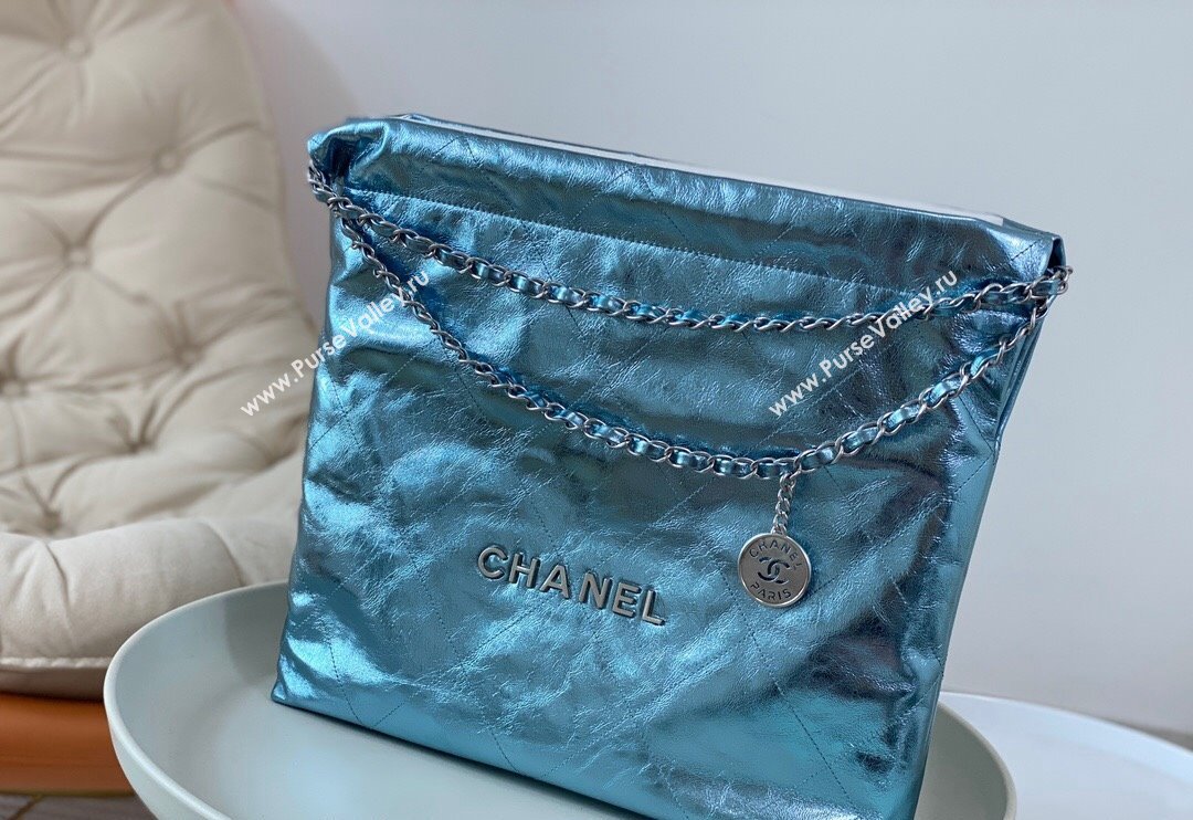 Chanel 22 Metallic Shiny Calfskin Shopping Bag AS3261 Light Blue 2024 (SM-240626093)