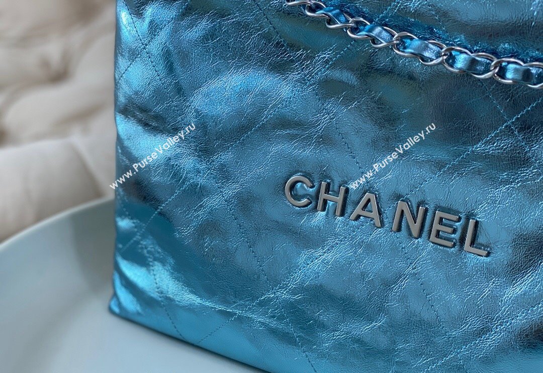 Chanel 22 Metallic Shiny Calfskin Shopping Bag AS3261 Light Blue 2024 (SM-240626093)