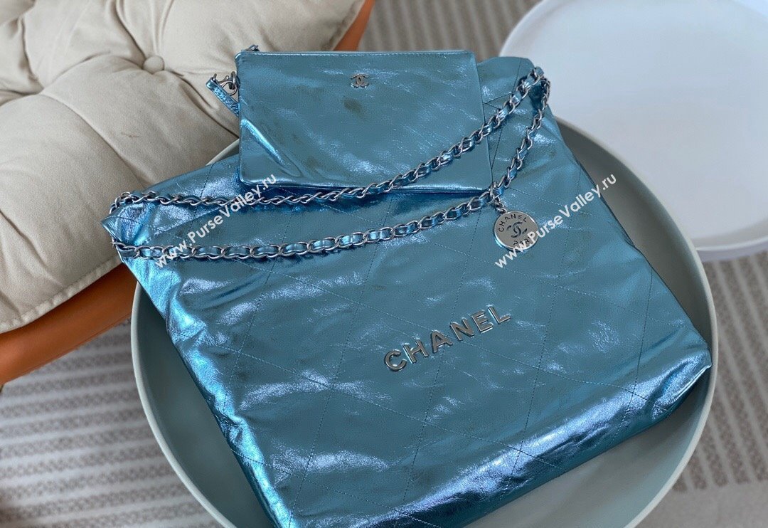 Chanel 22 Metallic Shiny Calfskin Shopping Bag AS3261 Light Blue 2024 (SM-240626093)