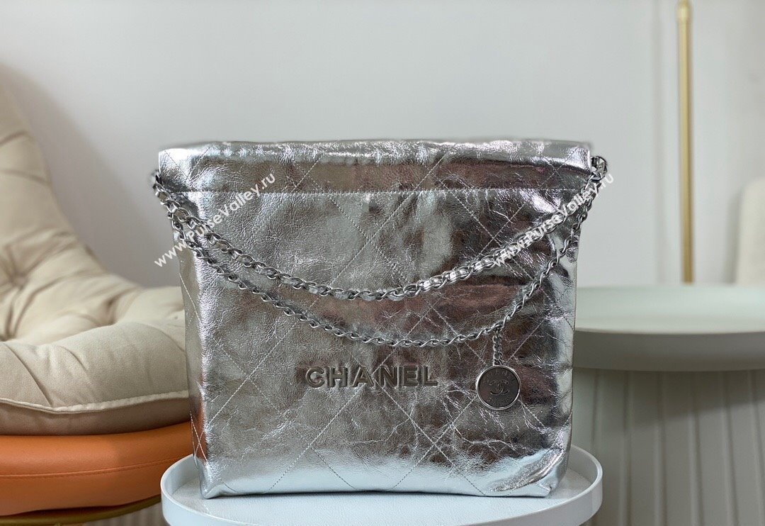 Chanel 22 Metallic Shiny Calfskin Small Shopping Bag AS3260 Silver 2024 (SM-240626094)