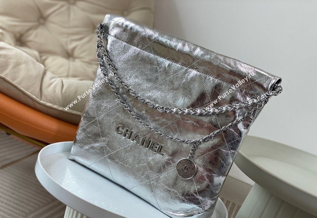 Chanel 22 Metallic Shiny Calfskin Small Shopping Bag AS3260 Silver 2024 (SM-240626094)