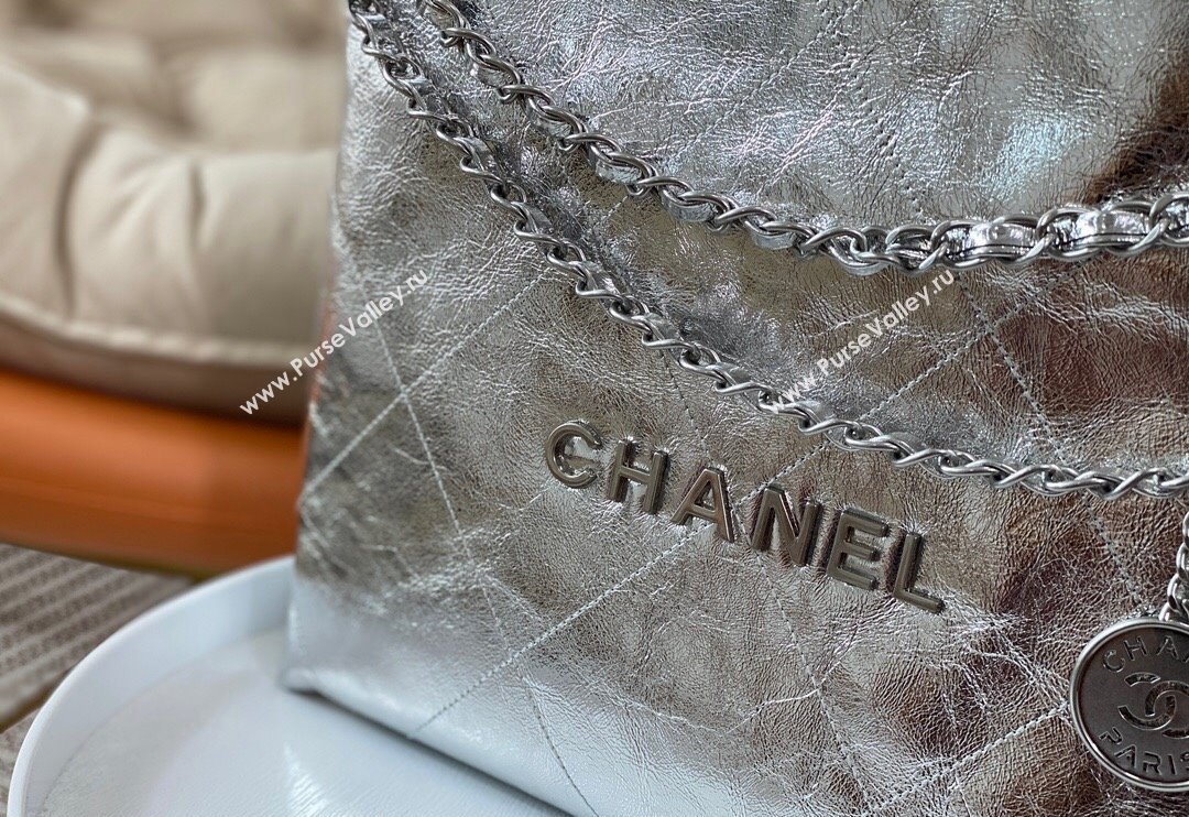 Chanel 22 Metallic Shiny Calfskin Small Shopping Bag AS3260 Silver 2024 (SM-240626094)