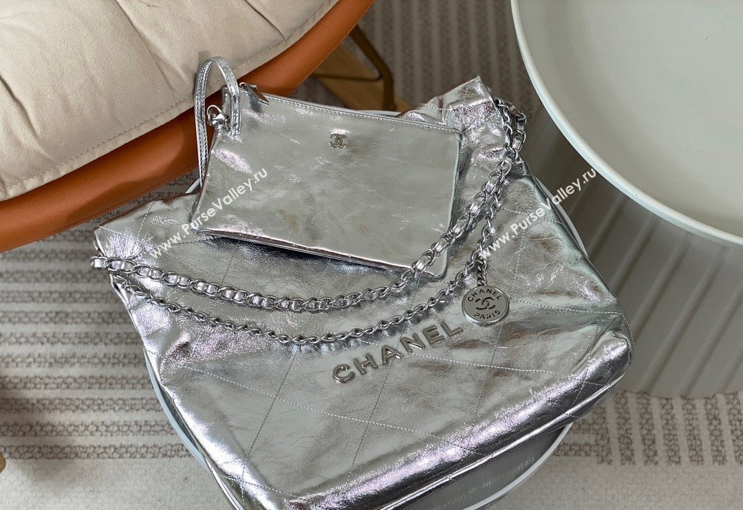 Chanel 22 Metallic Shiny Calfskin Small Shopping Bag AS3260 Silver 2024 (SM-240626094)