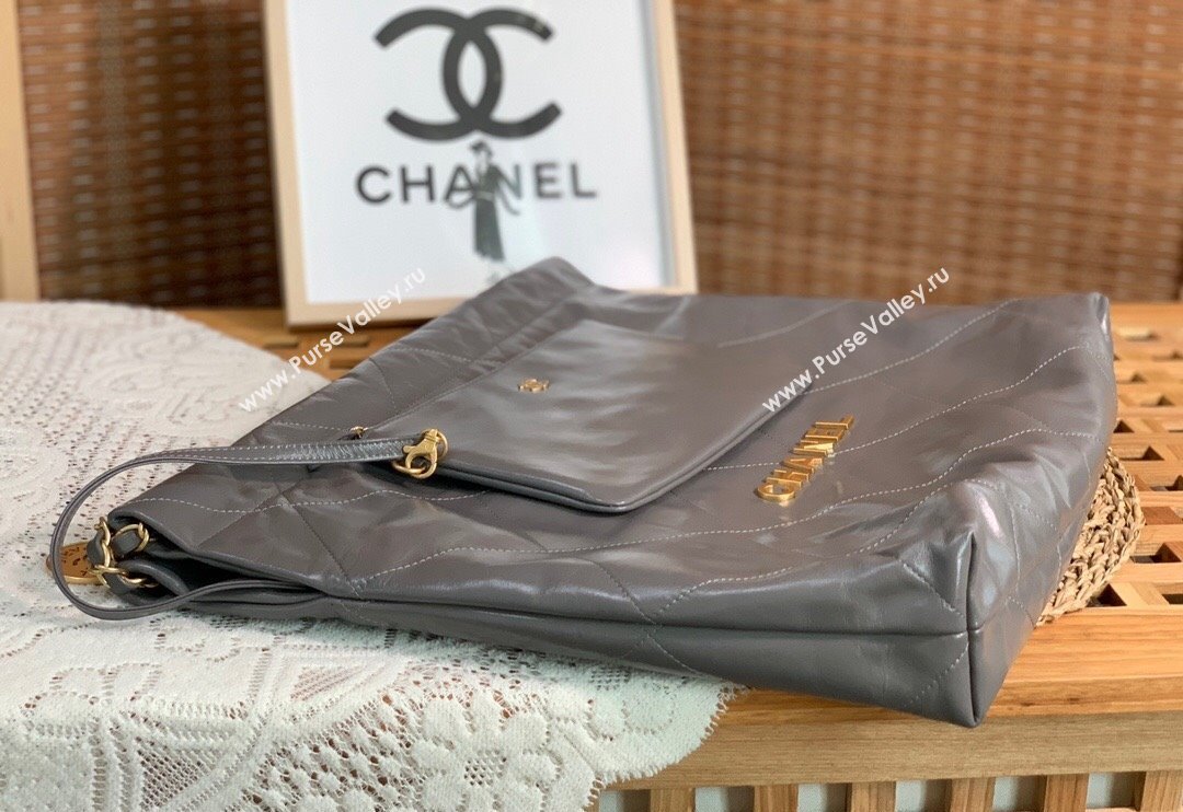 Chanel 22 Shiny Calfskin Leather Shopping Bag AS3261 Grey 2024 0626 (SM-240626070)