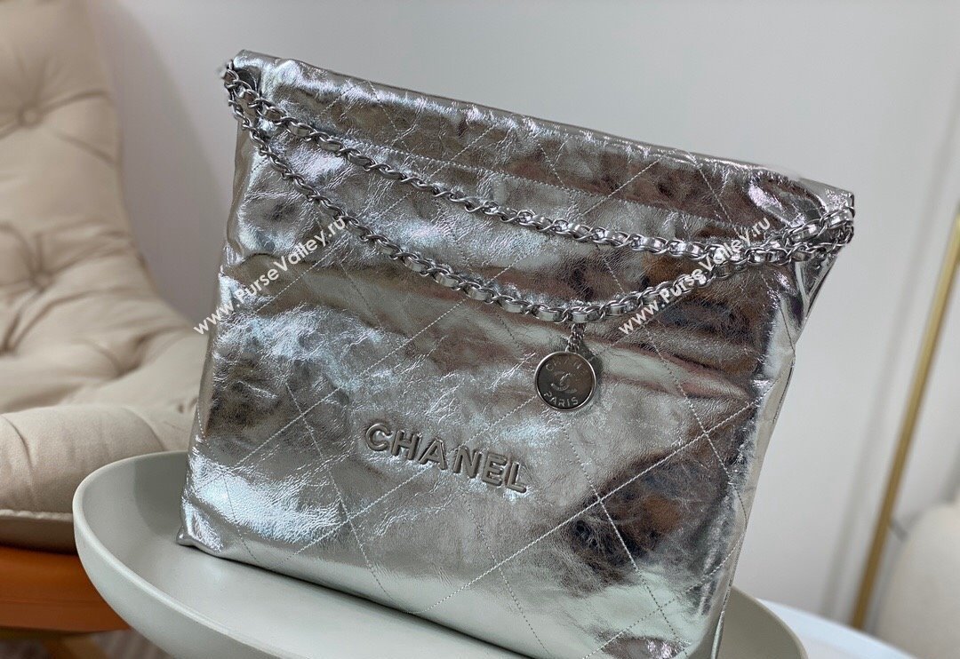 Chanel 22 Metallic Shiny Calfskin Shopping Bag AS3261 Silver 2024 (SM-240626095)