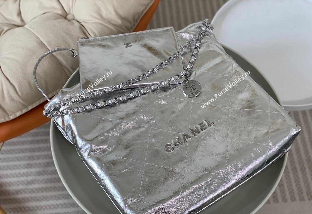 Chanel 22 Metallic Shiny Calfskin Shopping Bag AS3261 Silver 2024 (SM-240626095)