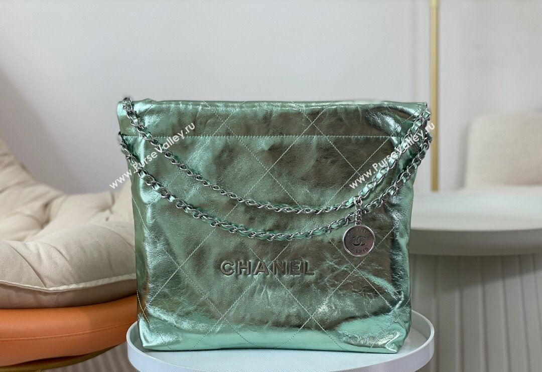 Chanel 22 Metallic Shiny Calfskin Small Shopping Bag AS3260 Light Green 2024 (SM-240626096)