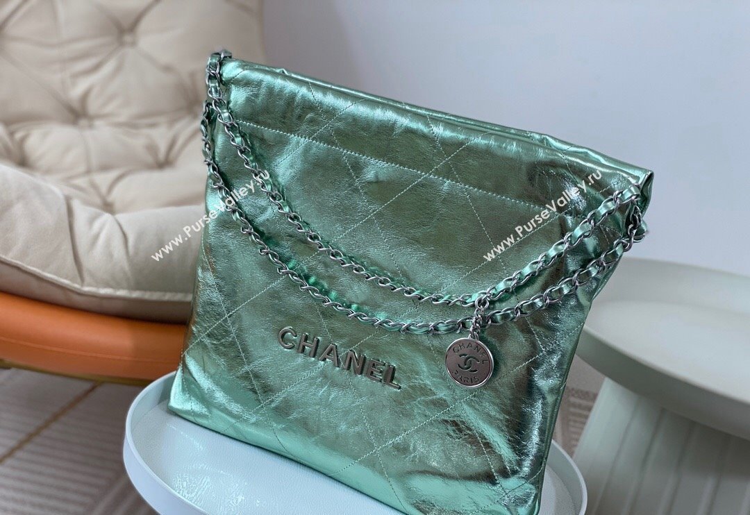 Chanel 22 Metallic Shiny Calfskin Small Shopping Bag AS3260 Light Green 2024 (SM-240626096)