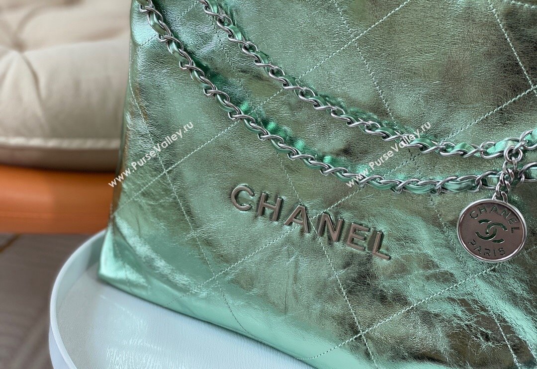 Chanel 22 Metallic Shiny Calfskin Small Shopping Bag AS3260 Light Green 2024 (SM-240626096)