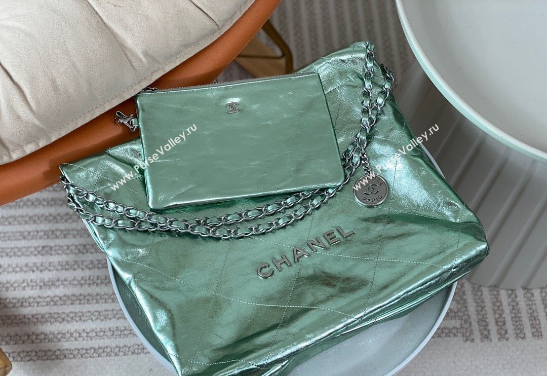 Chanel 22 Metallic Shiny Calfskin Small Shopping Bag AS3260 Light Green 2024 (SM-240626096)