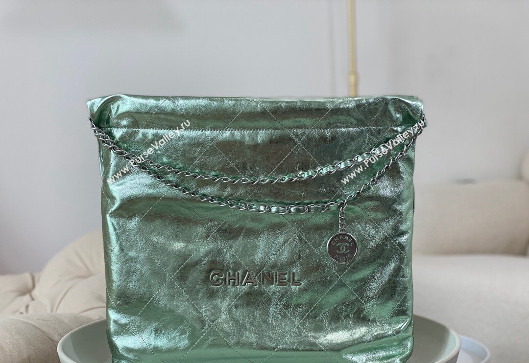 Chanel 22 Metallic Shiny Calfskin Shopping Bag AS3261 Light Green 2024 (SM-240626097)