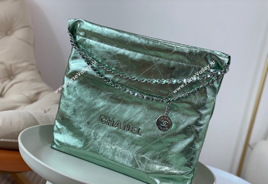 Chanel 22 Metallic Shiny Calfskin Shopping Bag AS3261 Light Green 2024 (SM-240626097)