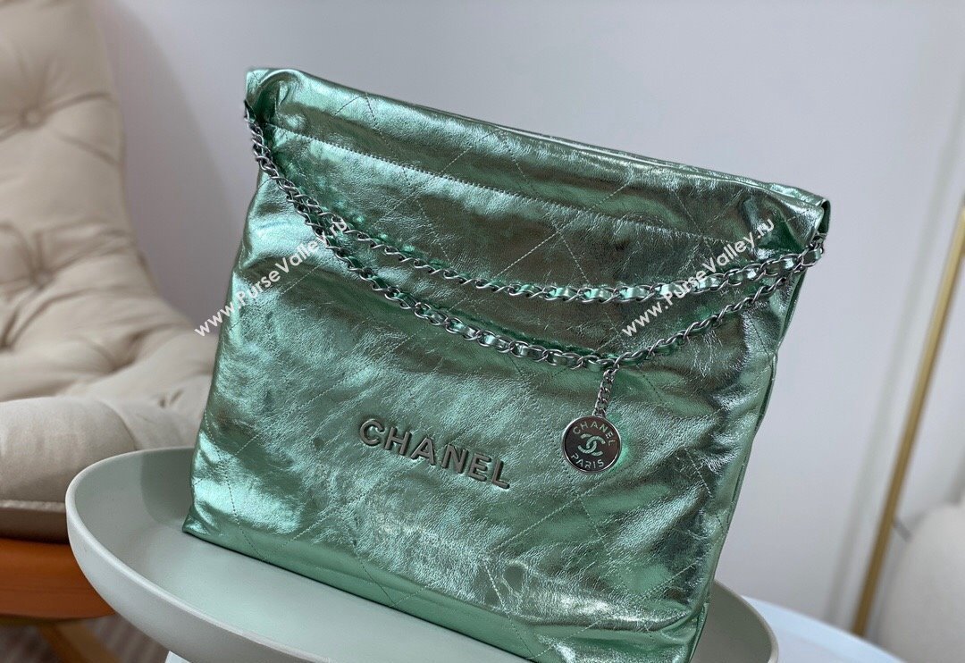 Chanel 22 Metallic Shiny Calfskin Shopping Bag AS3261 Light Green 2024 (SM-240626097)