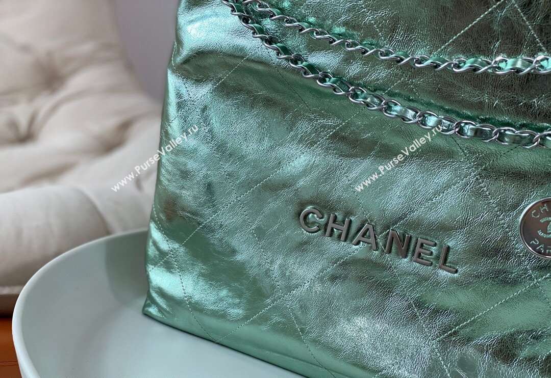 Chanel 22 Metallic Shiny Calfskin Shopping Bag AS3261 Light Green 2024 (SM-240626097)