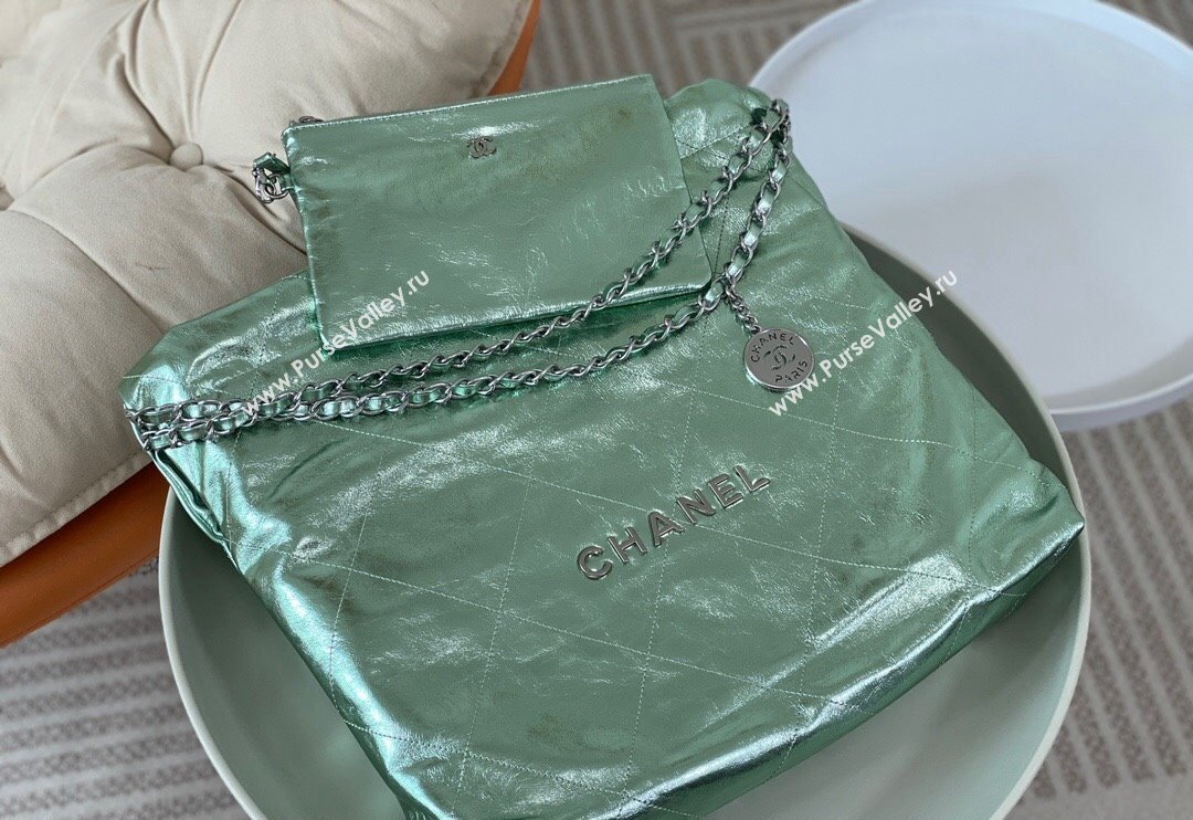 Chanel 22 Metallic Shiny Calfskin Shopping Bag AS3261 Light Green 2024 (SM-240626097)