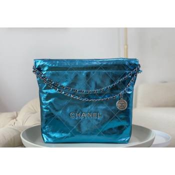 Chanel 22 Metallic Shiny Calfskin Small Shopping Bag AS3260 Blue2 2024 (SM-240626098)