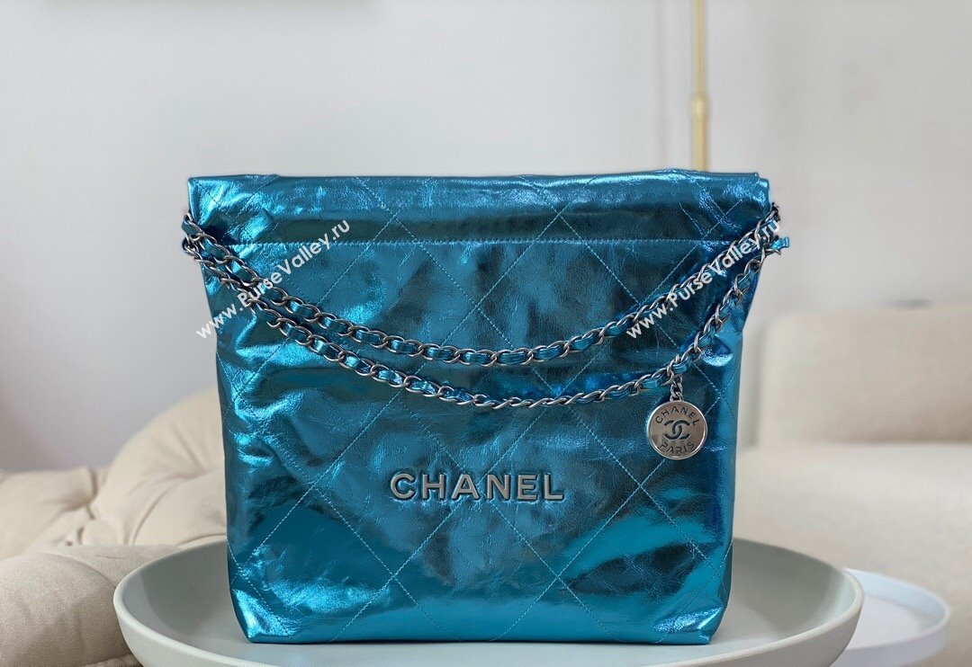 Chanel 22 Metallic Shiny Calfskin Small Shopping Bag AS3260 Blue2 2024 (SM-240626098)