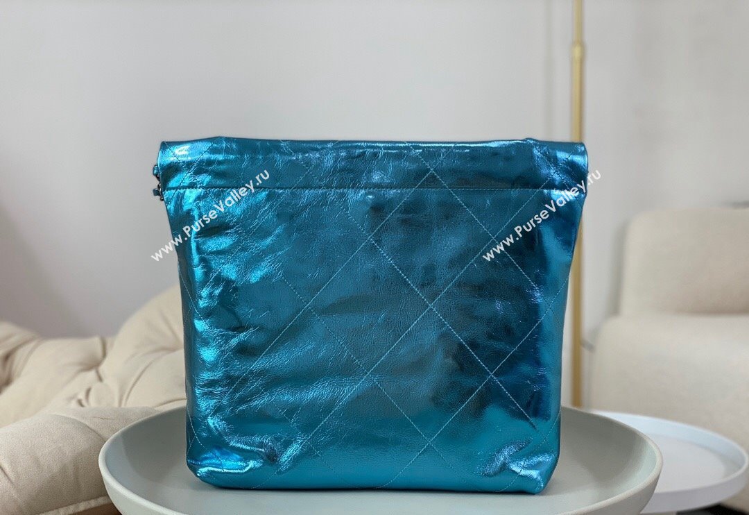 Chanel 22 Metallic Shiny Calfskin Small Shopping Bag AS3260 Blue2 2024 (SM-240626098)