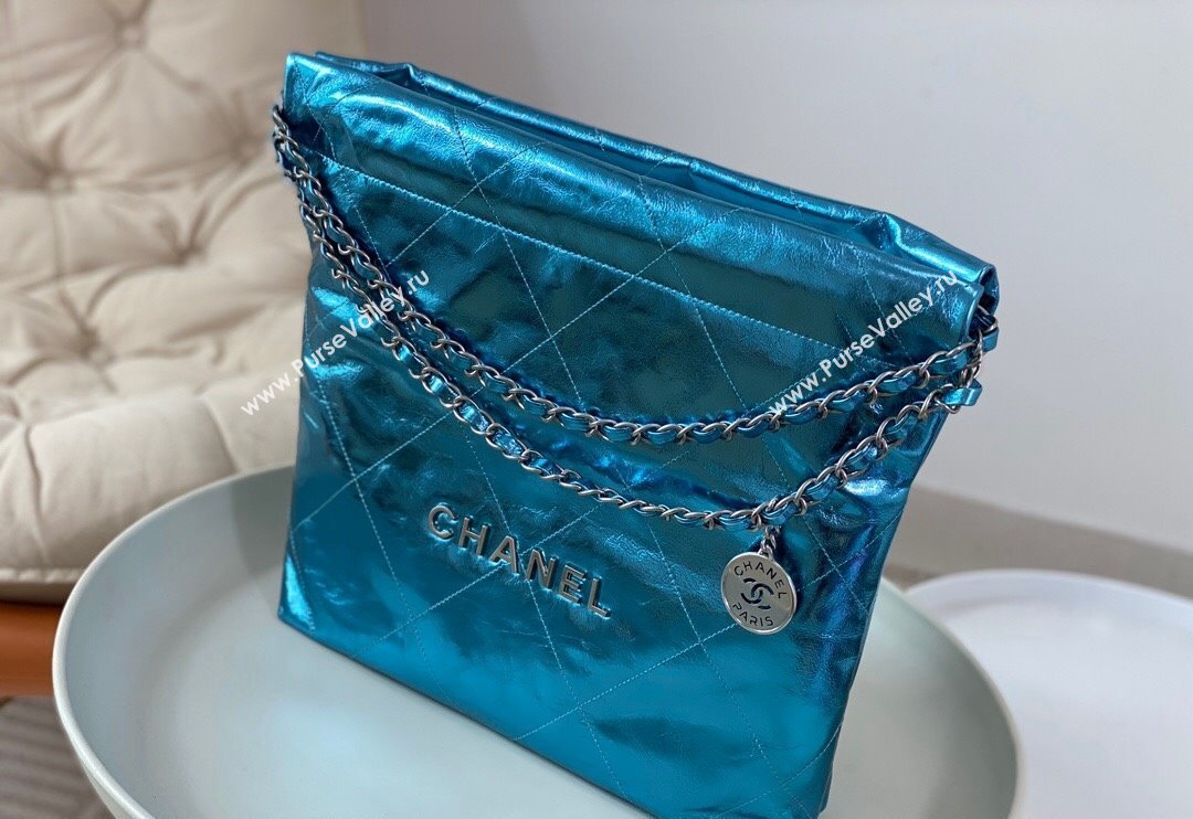 Chanel 22 Metallic Shiny Calfskin Small Shopping Bag AS3260 Blue2 2024 (SM-240626098)