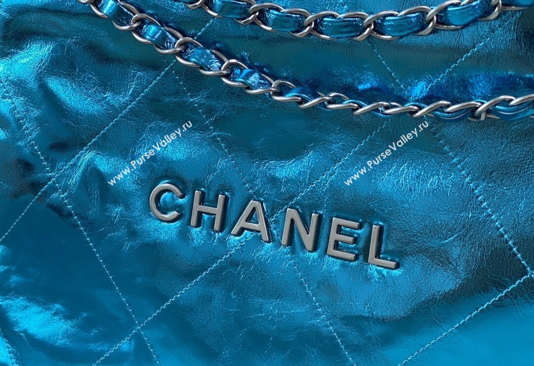 Chanel 22 Metallic Shiny Calfskin Small Shopping Bag AS3260 Blue2 2024 (SM-240626098)