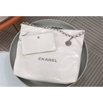 Chanel 22 Shiny Calfskin Leather Shopping Bag AS3261 White/Aged Silver 2024 0626 (SM-240626071)