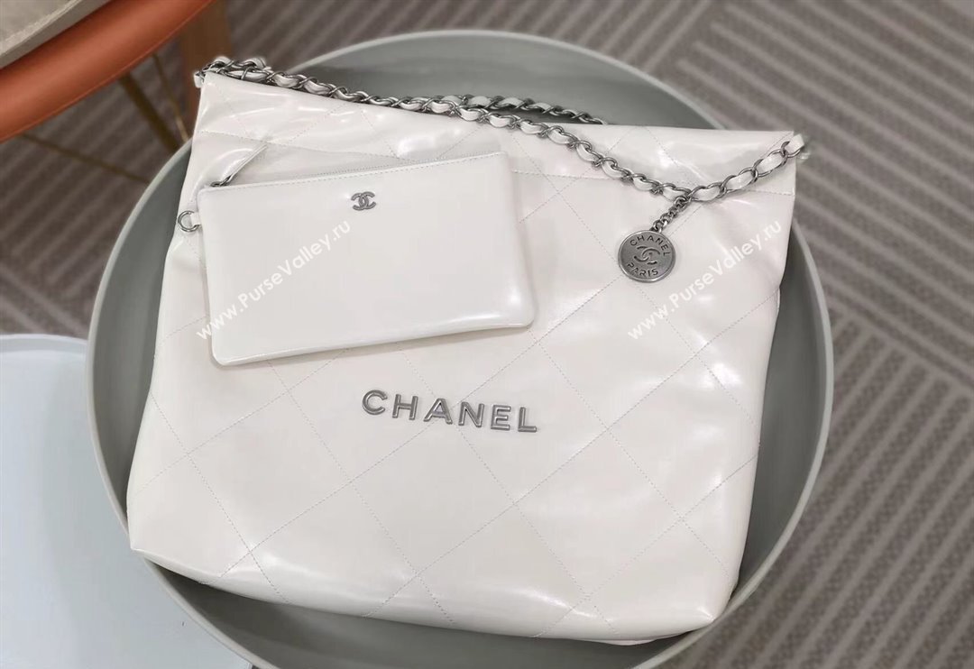 Chanel 22 Shiny Calfskin Leather Shopping Bag AS3261 White/Aged Silver 2024 0626 (SM-240626071)