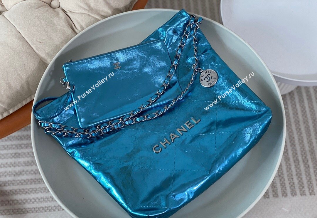 Chanel 22 Metallic Shiny Calfskin Small Shopping Bag AS3260 Blue2 2024 (SM-240626098)