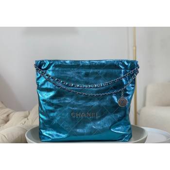 Chanel 22 Metallic Shiny Calfskin Shopping Bag AS3261 Blue2 2024 (SM-240626099)