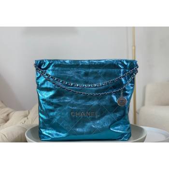 Chanel 22 Metallic Shiny Calfskin Shopping Bag AS3261 Blue2 2024 (SM-240626099)